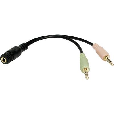 Dualni 3,5-mm-priključni adapter: ženski priključak prema dva muška priključka, bojom označen za audio izlaz i mikrofon ulaz.