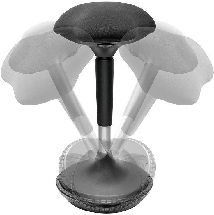 Pokretna stolica sa okruglom, tapeciranom sjednom površinom i fleksibilnom bazom, prikazana pod različitim kutovima nagiba za potporu ravnoteže.