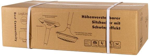 Karton prikazuje ambalažu podesive stolice za sjedenje s učinkom njihanja. Naziv marke i piktogrami su vidljivi.