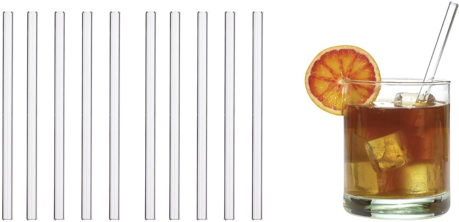 'Čaša ledenog čaja s kockicama leda, staklenom posudom i kriškom krvave naranče, pored kojih je niz prozirnih slamki.'