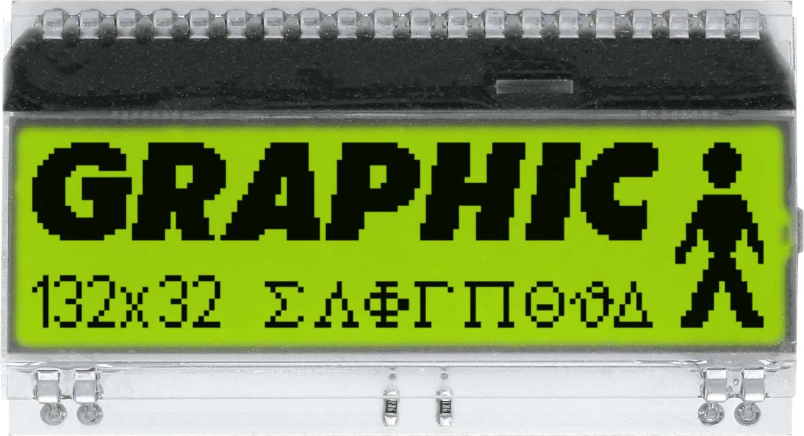 Zeleni zaslon prikazuje riječ 'GRAPHIC' i pokretnu figuru. Ispod toga stoji '132x32 ΣλωΓΠΌΔ'.