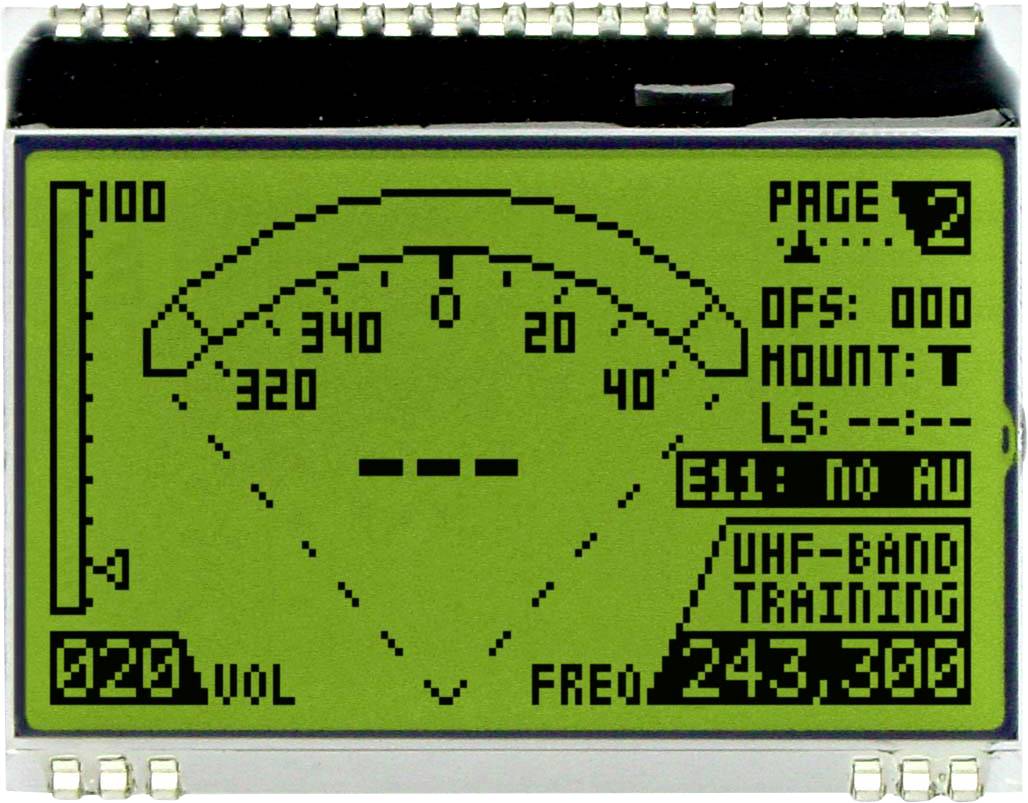 Zeleni zaslon navigacijskog uređaja prikazuje smjerove kompasa, prikaz stranice i frekvencijske oznake. Glavna frekvencija je 243,300 MHz.