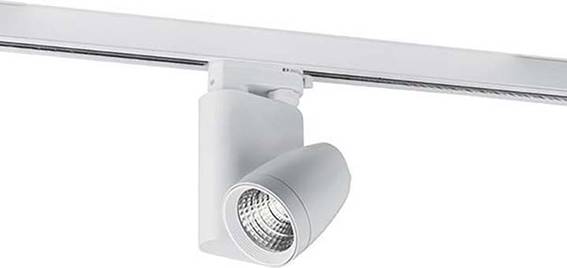LED stropni reflektor modernog dizajna, montiran na metalnoj šini, pruža usmjereno osvjetljenje, idealan za izložbene prostore.