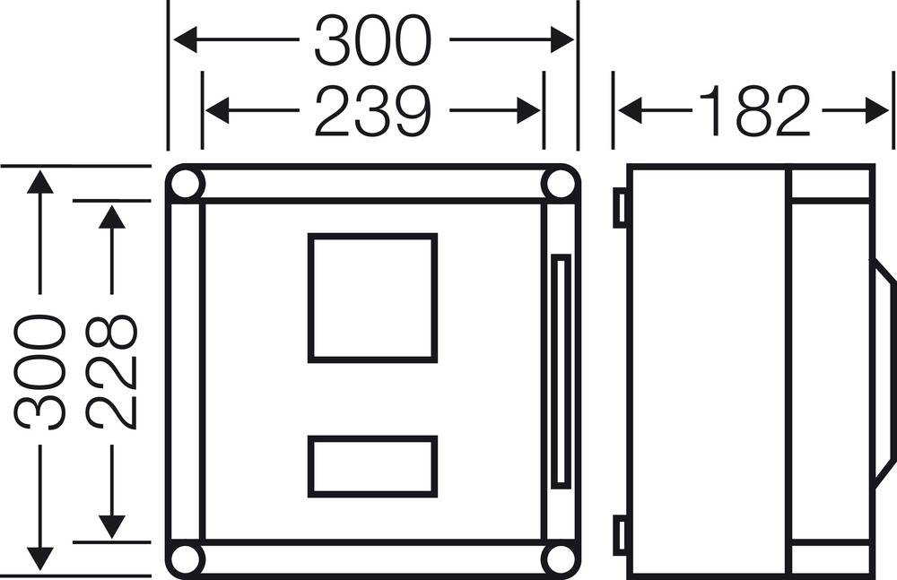 Dijagram pravokutne konstrukcije, dimenzije: širina 300 mm, visina 300 mm, dubina 182 mm. Unutarnje dimenzije: širina 239 mm, visina 228 mm.