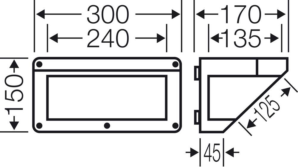 Tehnički crtež pravokutnog elementa sa sljedećim dimenzijama: širina 300/240/170/135 mm, visina 150 mm, dubina 125/45 mm.