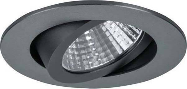 Ugradbeni reflektor u okruglom metalnom kućištu, srebrne boje. Lampa se može zakretati i usmjerava svjetlost prema dolje.