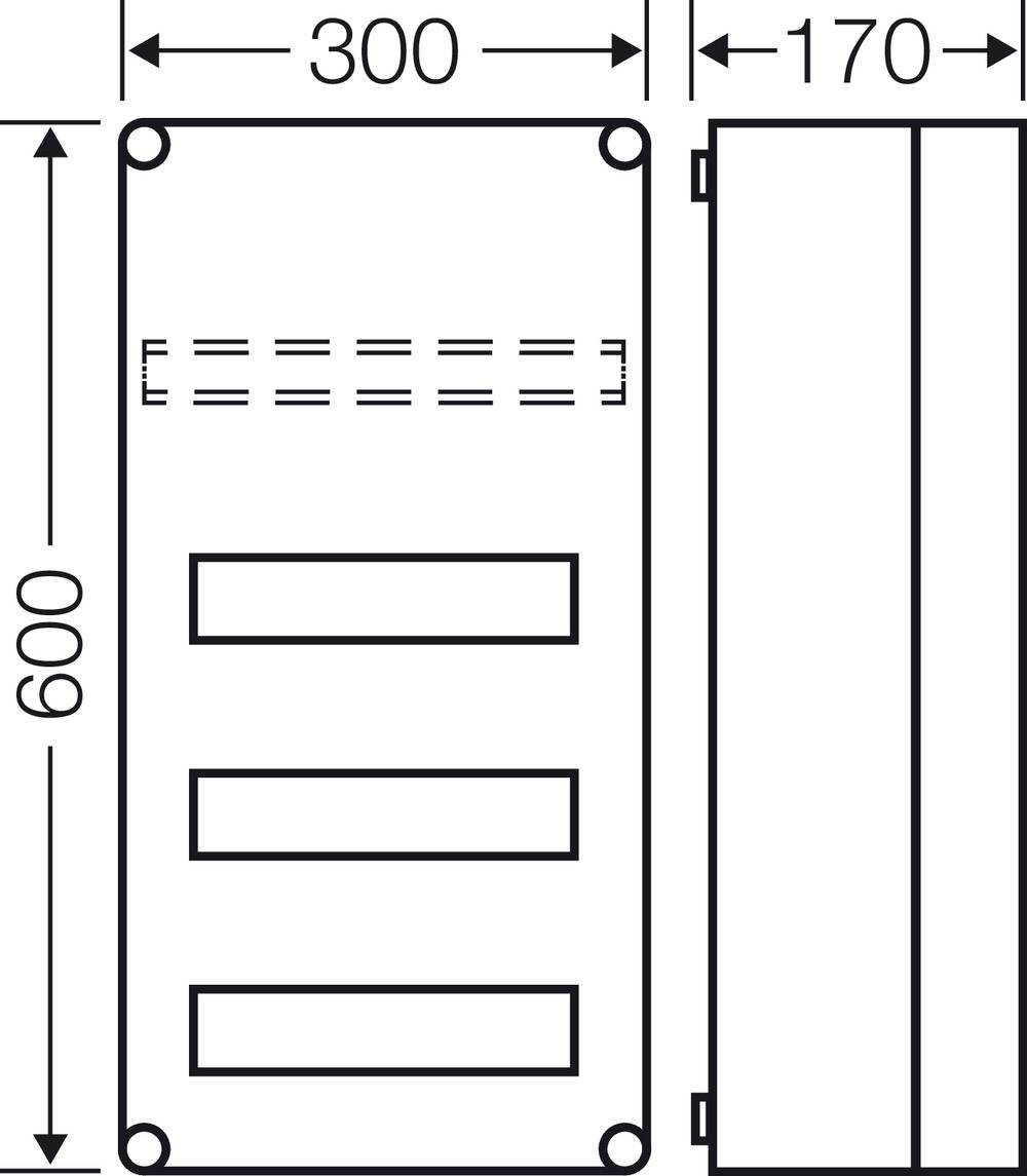 Tehnički nacrt pravokutne kutije dimenzija 600 mm x 300 mm x 170 mm. Prikazano tlocrtom i bočnim pogledom.