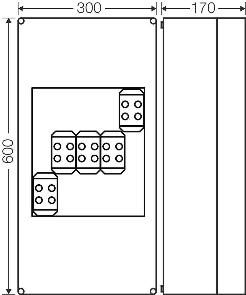 Tehnički nacrt pravokutne električne razvodne kutije dimenzija 600x300x170 mm, vidljivi integrirani moduli.