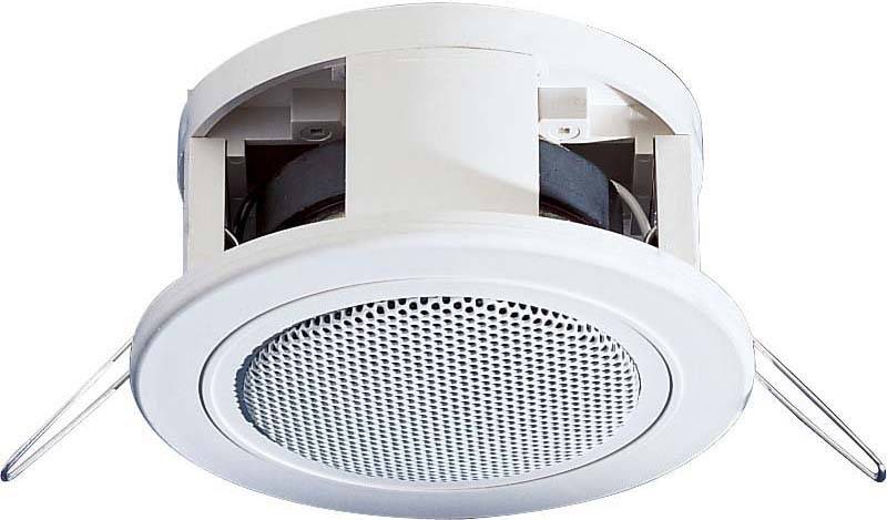 Stropni zvučnici u bijeloj boji, okruglog oblika s metalnom rešetkom, ugrađeni u strop, vidljivi pomoću nosačkih kopči s obje strane.
