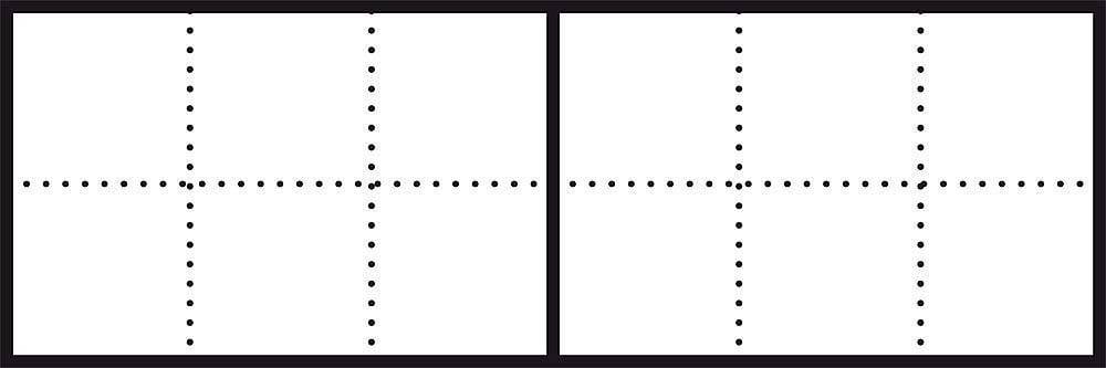 Slika prikazuje dva identična rešetkasta uzorka, sastavljana od točkastih linija koje se sijeku horizontalno i vertikalno.