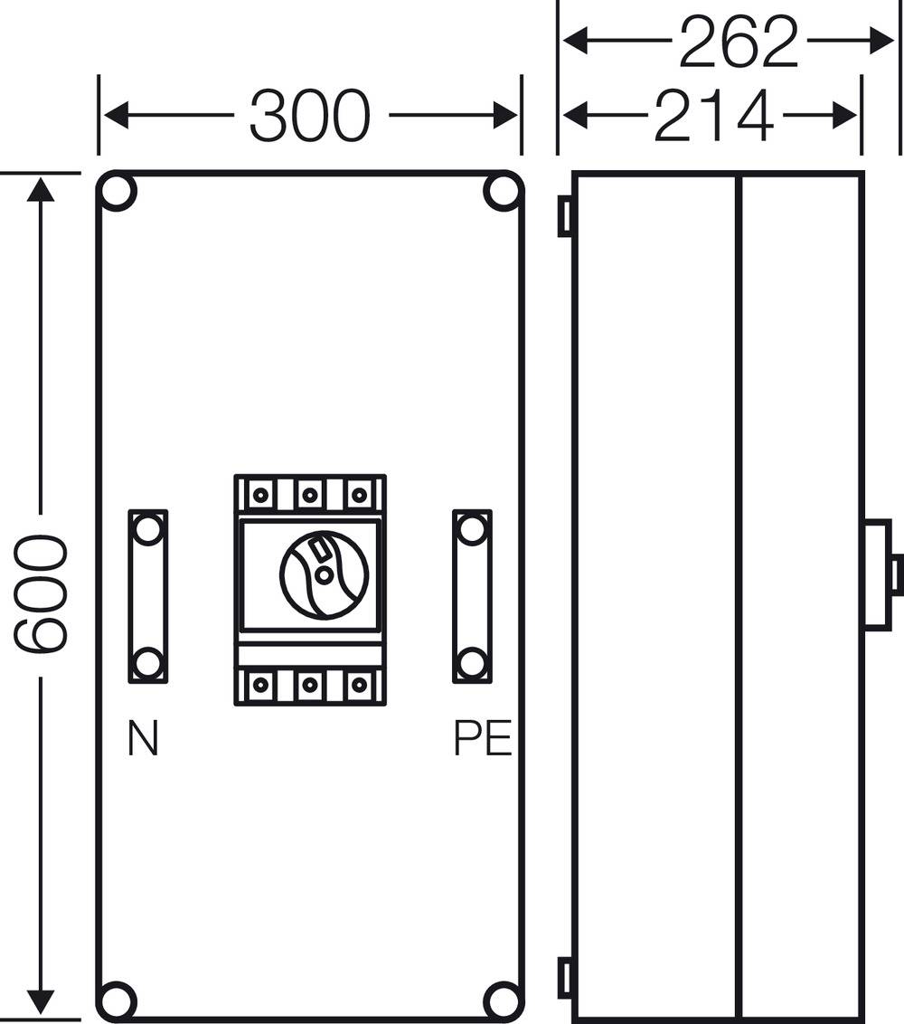 Elektrormanski ormar sa shemom: 600x300 mm, dubina 214 mm. Priključne stezaljke označene natpisima 'N' i 'PE'. Prikazani prednji i bočni pogled.