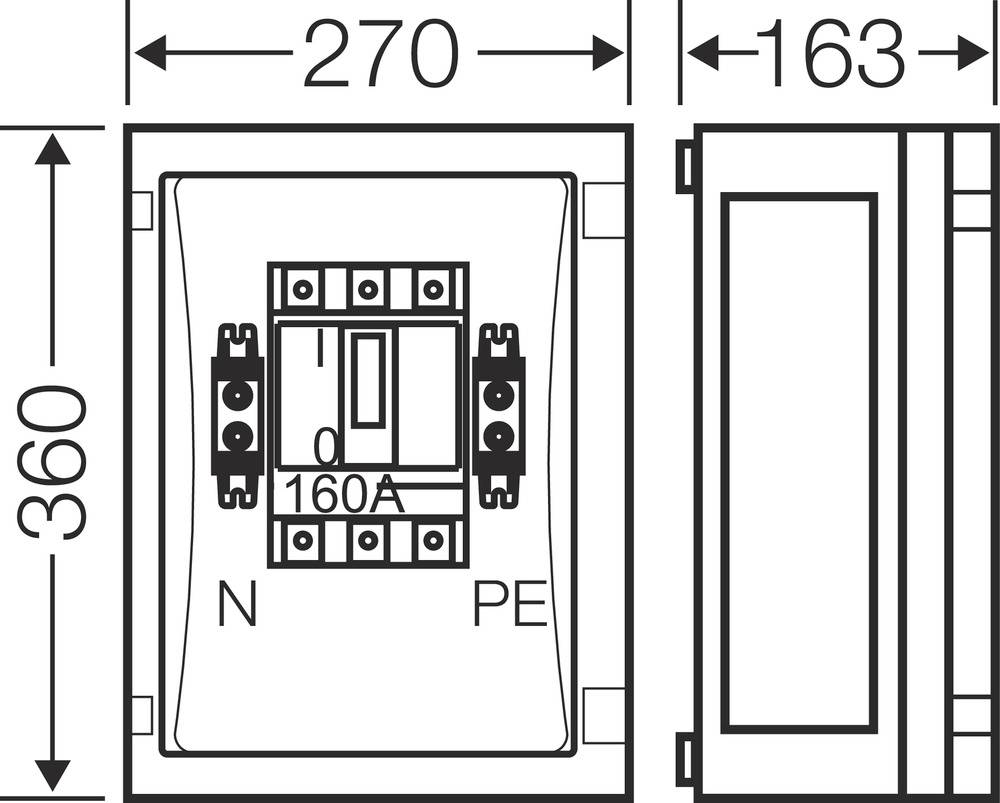 Dijagram električnog prekidača: prikazuje N- i PE-pristup, označen oznakom '160A'. Dimenzije: 270x360 mm i dubina od 163 mm.