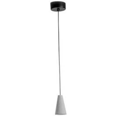 Viseća lampa s crnim sjenilom, dugom crnom kabelskom obješenom i sivim stožastim sjenilom. Minimalistički dizajn.