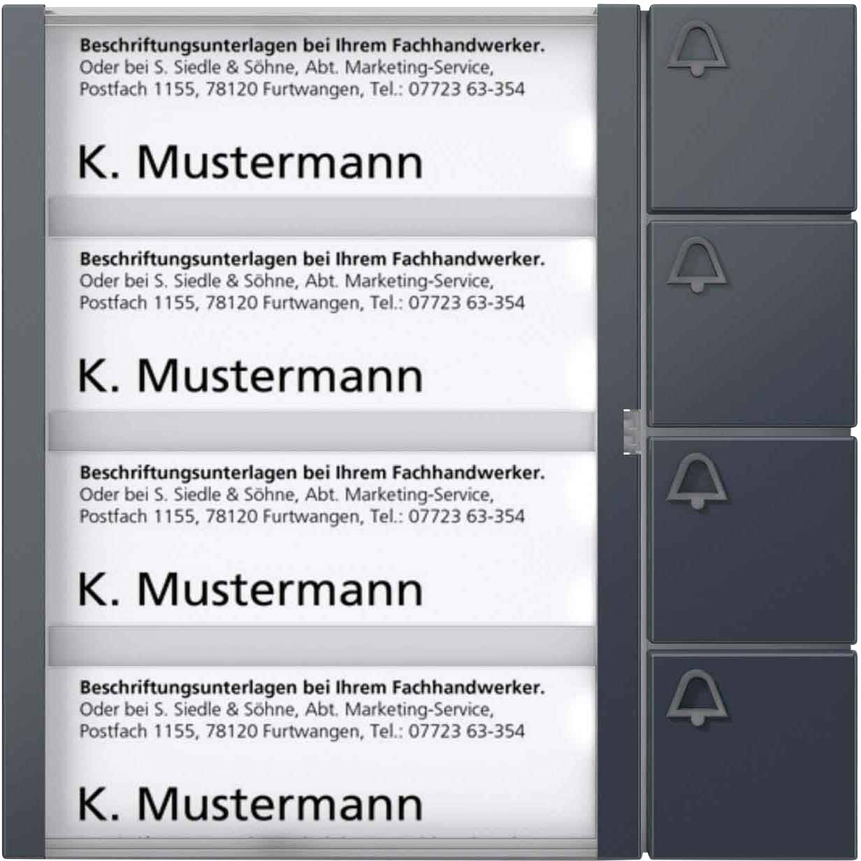 Pet identičnih naljepnica s imenom 'K. Mustermann' i kontakt informacijama tvrtke Siedle & Söhne poredanih jedna do druge.