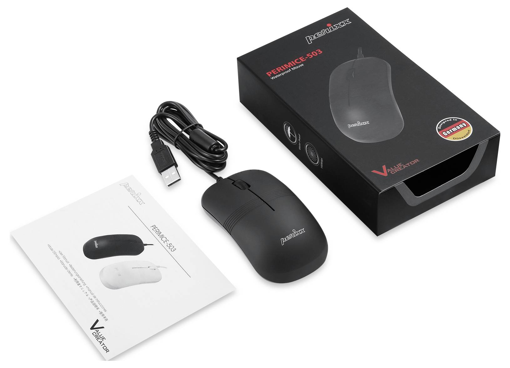 Crna ergonomska računalna miš s USB kabelom, pored nje ambalaža s natpisom 'PERIMICE-519' i upute za uporabu.