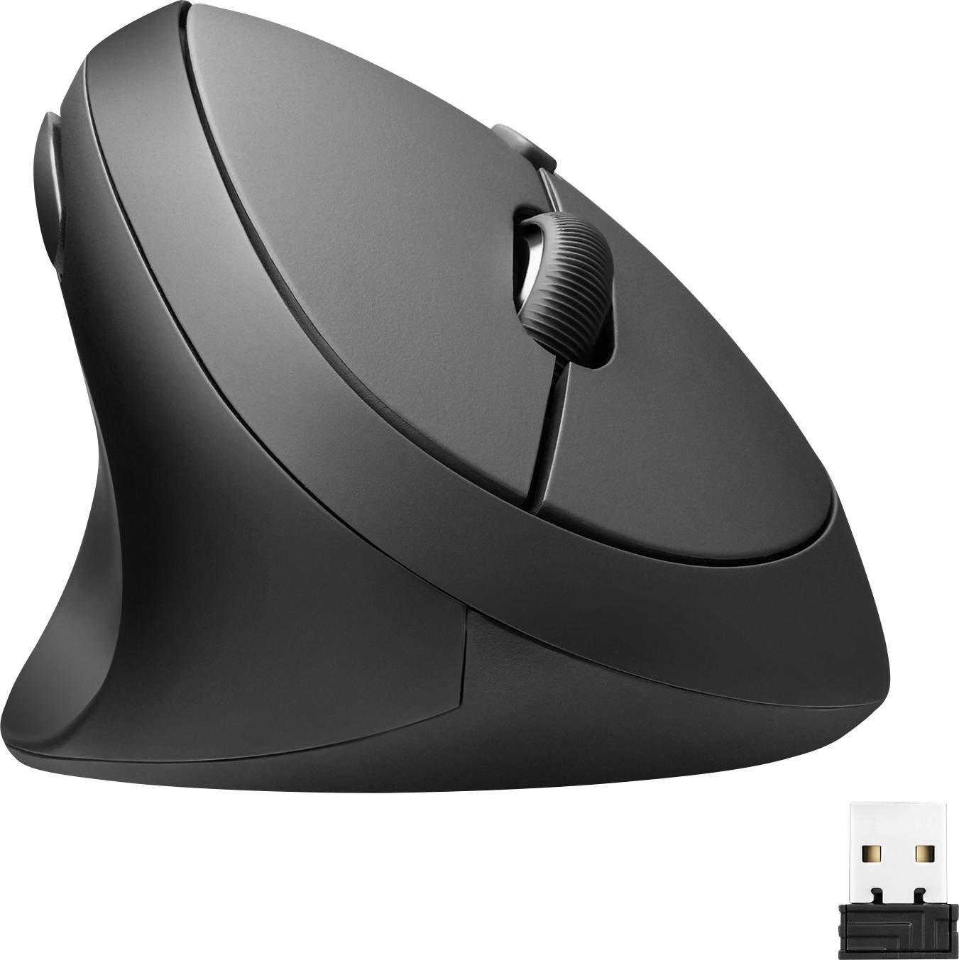 Crna, vertikalna ergonomska miš s USB prijemnikom koja pruža udobnost tijekom dugotrajne upotrebe.