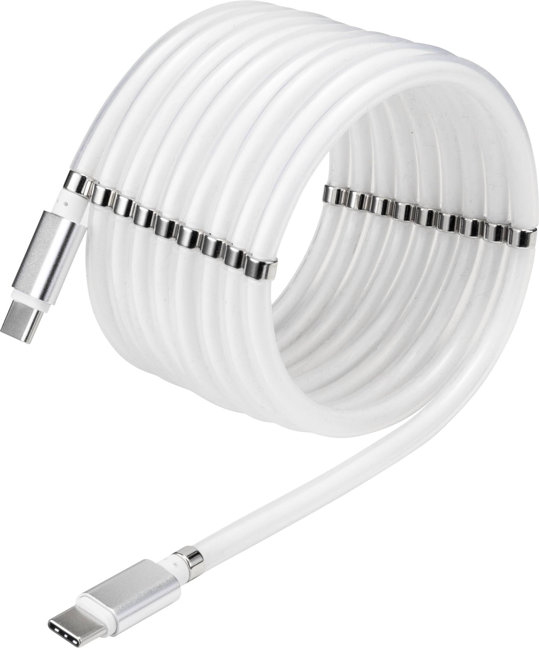 Bijeli, spiralni USB-C kabel s metalnim kopčama za organizaciju kabela, pogodan za brzo punjenje i prijenos podataka.