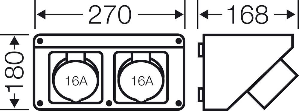 'Tehnički nacrt dvostruke utičnice od 16A. Dimenzije: visina 180 mm, širina 270 mm, dubina 168 mm. Pogled sa strane i sprijeda.'