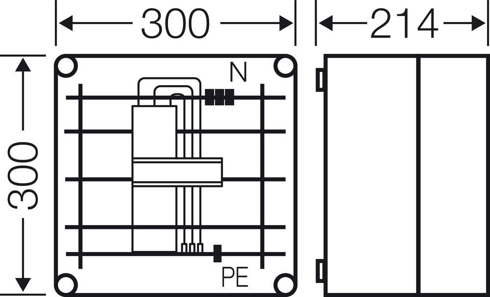 Tehnički nacrt električnog razvodnog ormarića s dimenzijama: 300 x 300 x 214 mm. Priključci 'N' i 'PE' su označeni.