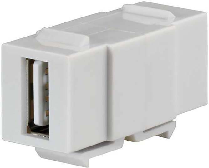 Pravokutni, bijeli USB adapter s USB priključkom, vidljiv s prednje strane.
