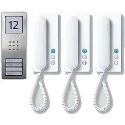 Interfon sa vanjskom jedinicom i tri bijela unutarnja telefona. Vanjska jedinica prikazuje broj '12'.