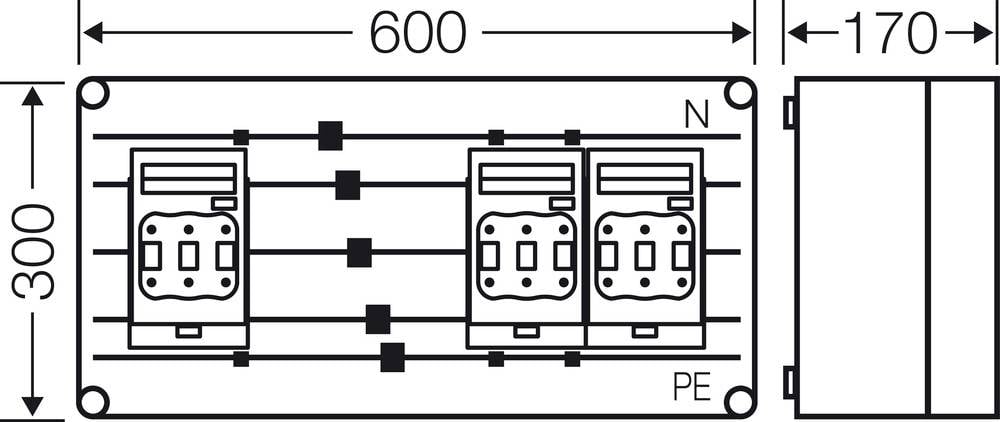 Dimenzije električne razvodne ploče: 600 mm širine, 300 mm visine, 170 mm dubine. Prikazuje raspored komponenata.