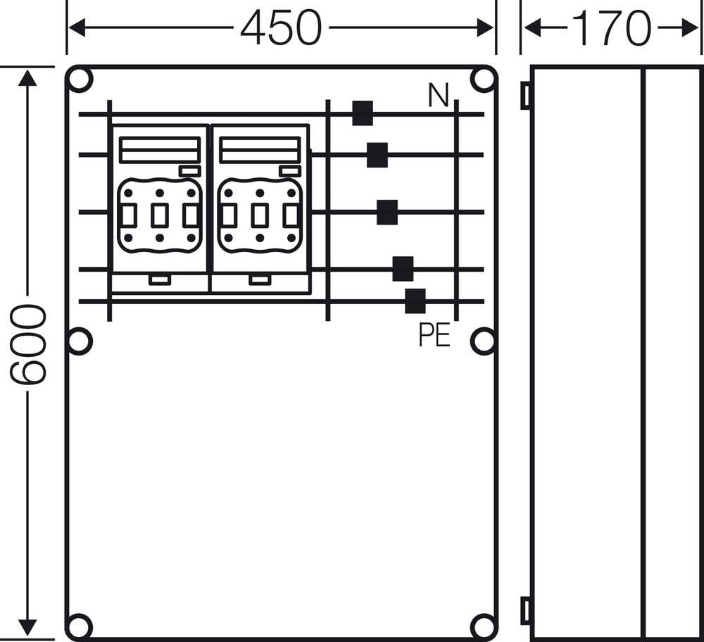 Tehnički nacrt električnog kućišta s dimenzijama 450x600x170 mm. Dva utičnice i stezaljke za N i PE su označene.