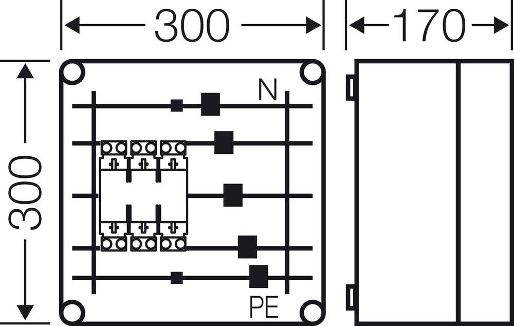 Električna shema priključne kutije dimenzija 300x300x170 mm. Priključci označeni N i PE.