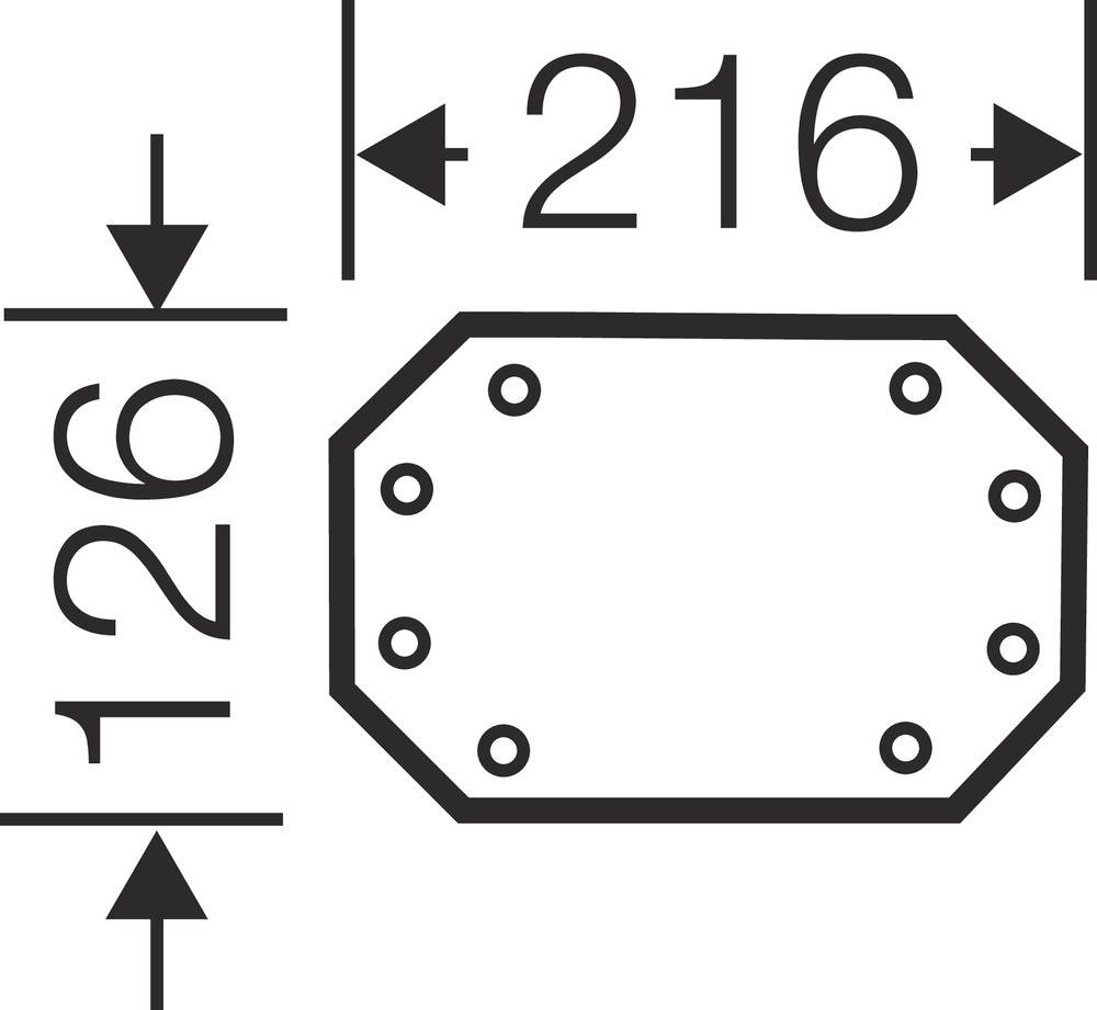 Tehnički nacrt osmerostrukog mjernog instrumenta s dimenzijama 126 mm (visina) i 216 mm (širina), uključujući provrte.