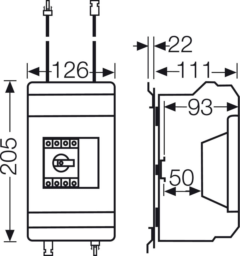 Tehnički nacrt električnog uređaja s dimenzijama: visina 205 mm, širina 126 mm, dubina 111 mm. Pogled sa strane prikazuje detaljni prikaz.
