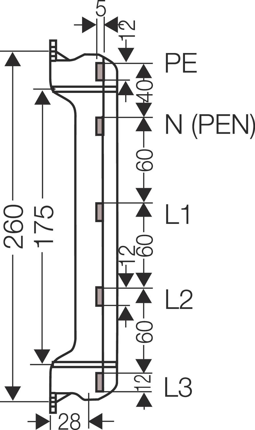 Tehnički nacrt spojnog komada s dimenzijama i oznakama za PE, N (PEN), L1, L2, L3. Ukupna duljina 260 mm.