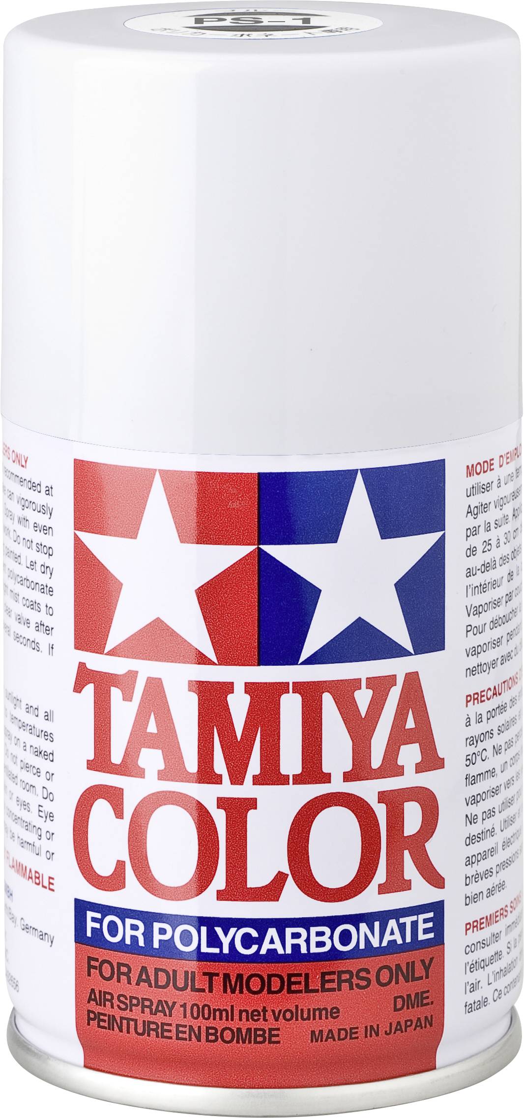 Sprej s natpisom 'Tamiya Color za polikarbonat', prikladan za modelarstvo. Bijela limenka s crvenom i plavom etiketom.