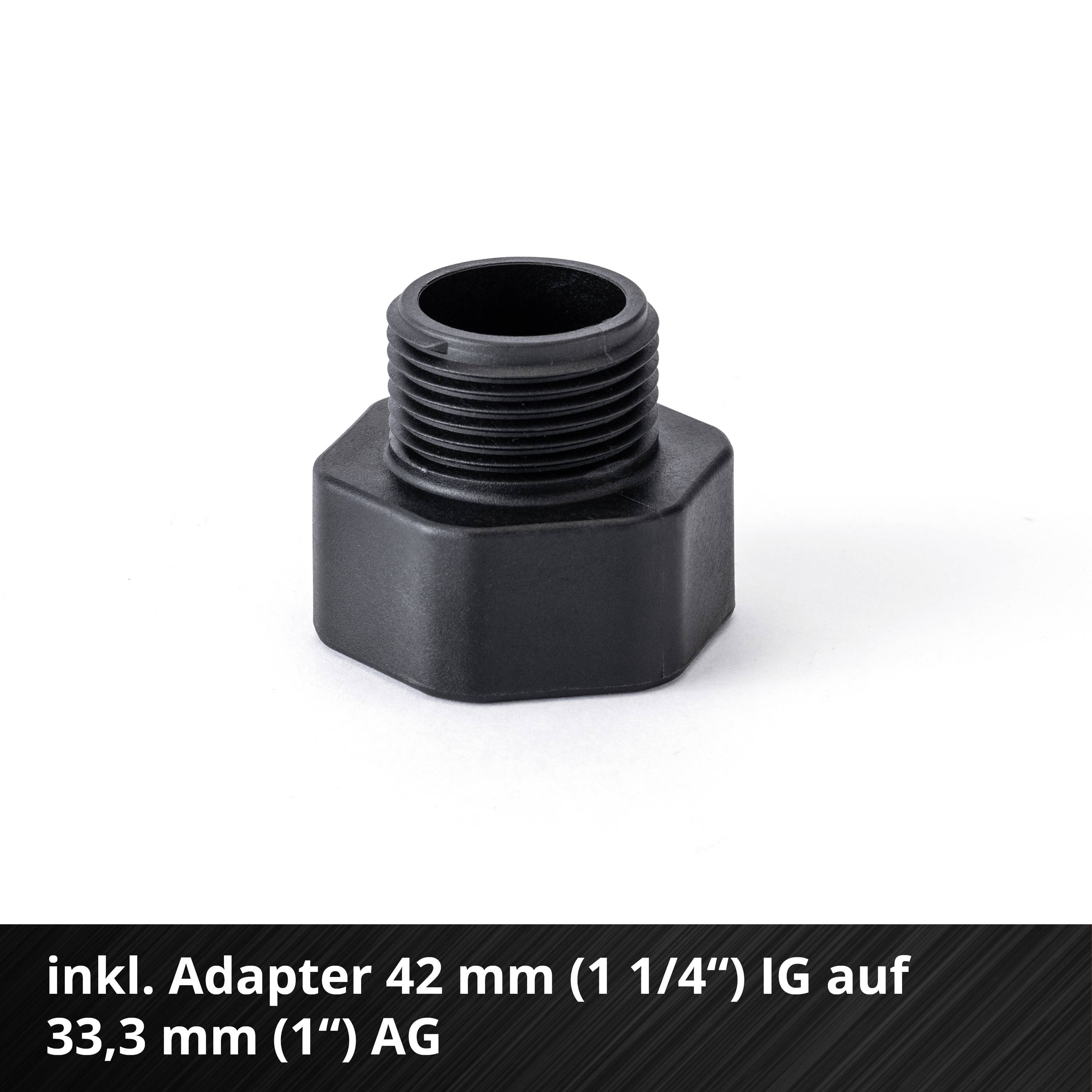 Crni adapter s vanjskim navojem, mjere: 42 mm (1 1/4") unutarnji navoj na 33,3 mm (1") vanjski navoj. Tekst ispod: 'uključujući adapter 42 mm (1 1/4") unutarnji navoj na 33,3 mm (1") vanjski navoj'.