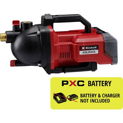 Crvena i crna bešiča Einhell AQUINNA s ručkom; žuta naljepnica piše 'PXC BATTERY' i 'BATTERY & CHARGER NOT INCLUDED'.