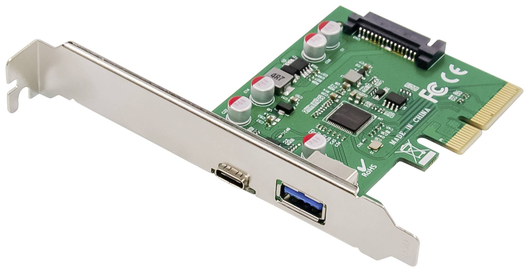 Zelena PCIe kartica s USB i SATA priključcima, montirana na metalnom nosaču, spremna za ugradnju u računalo.
