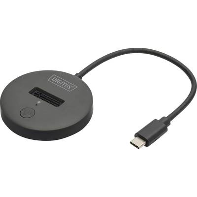Vanjski čitač kartica okruglog, crnog oblika s USB-C priključkom i SD-utorima, marke DIGITUS, na bijeloj pozadini.
