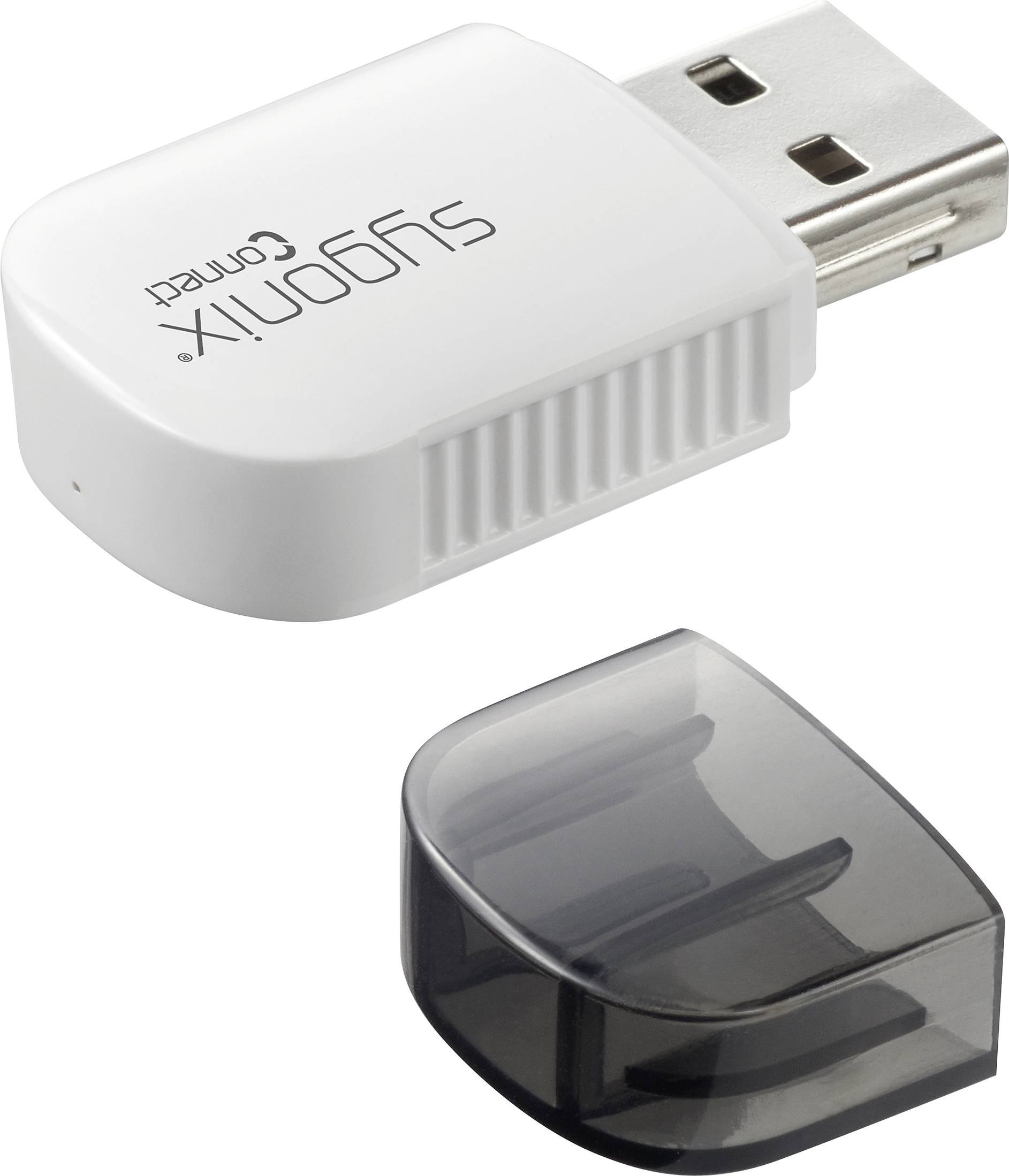 Bijeli USB WLAN adapter s uklonjivim crnim zaštitnim poklopcem. Leži na bijeloj površini.