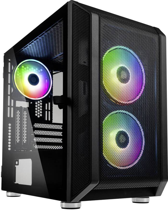 Crno PC kućište s RGB-osvjetljenim ventilatorima sprijeda i gore. Stakleni bočni prozor otkriva unutarnju strukturu.
