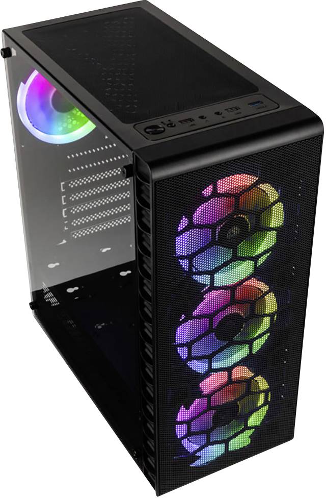 Crno kućište za PC-e sa staklenom stranicom i RGB osvjetljenjem prikazuje nekoliko obojanih ventilatora. Idealno za gaming sustave.