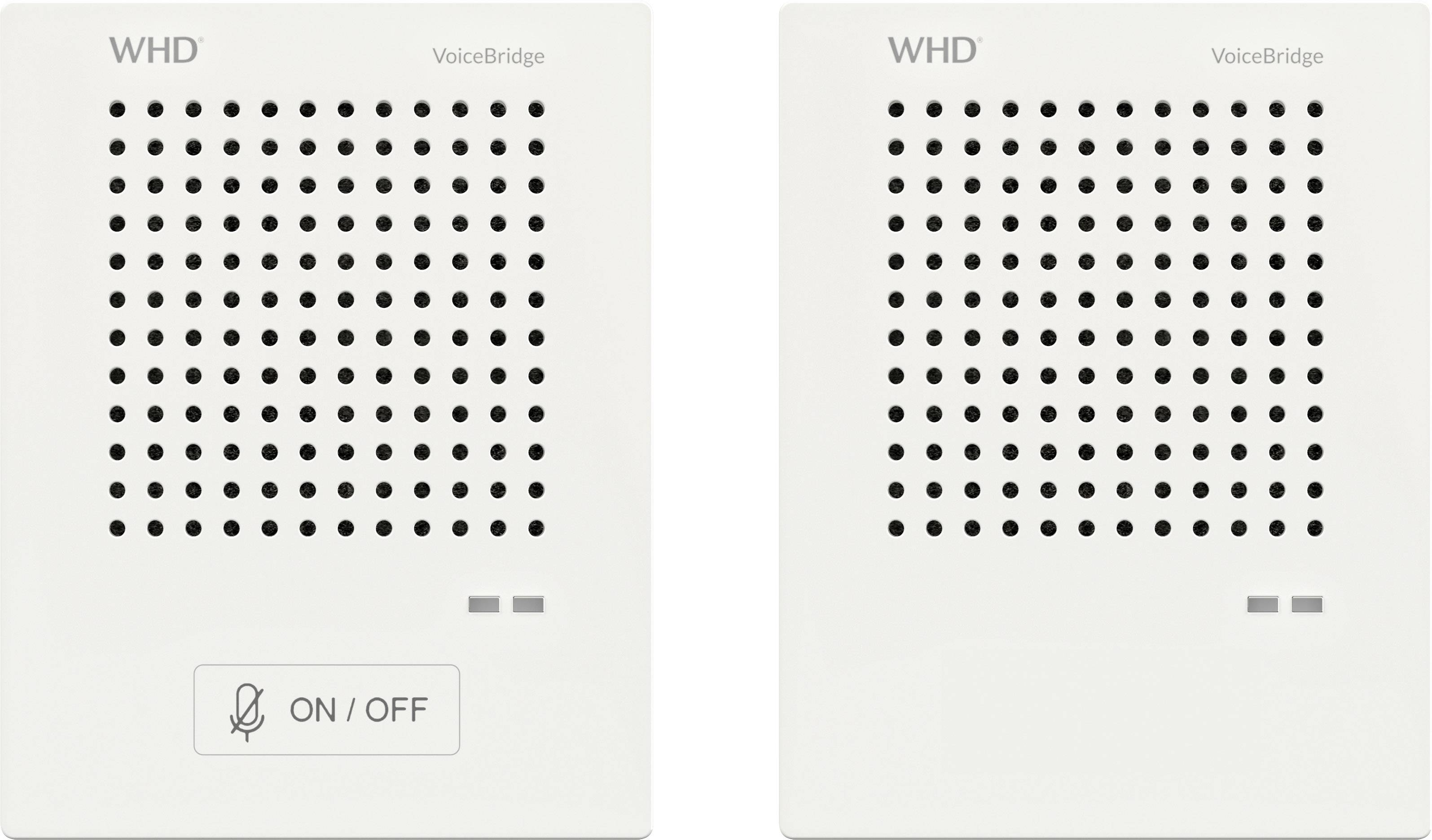 Dva bijela zvučnika s natpisom 'WHD VoiceBridge', svaki s simbolom mikrofona i tipkom 'ON/OFF' ispod njega.