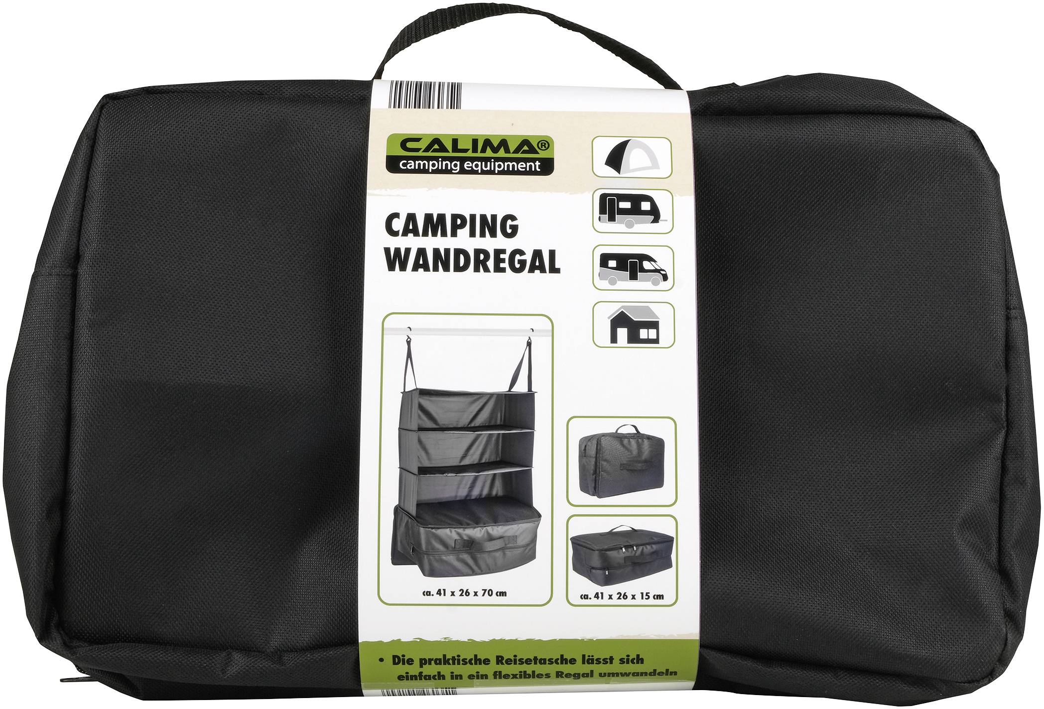 Crna torba s natpisom 'Camping Wandregal'. Prikazuje simboličke slike sastavljanja police te dimenzije: 41 x 28 x 70 cm. Idealna za putovanja.