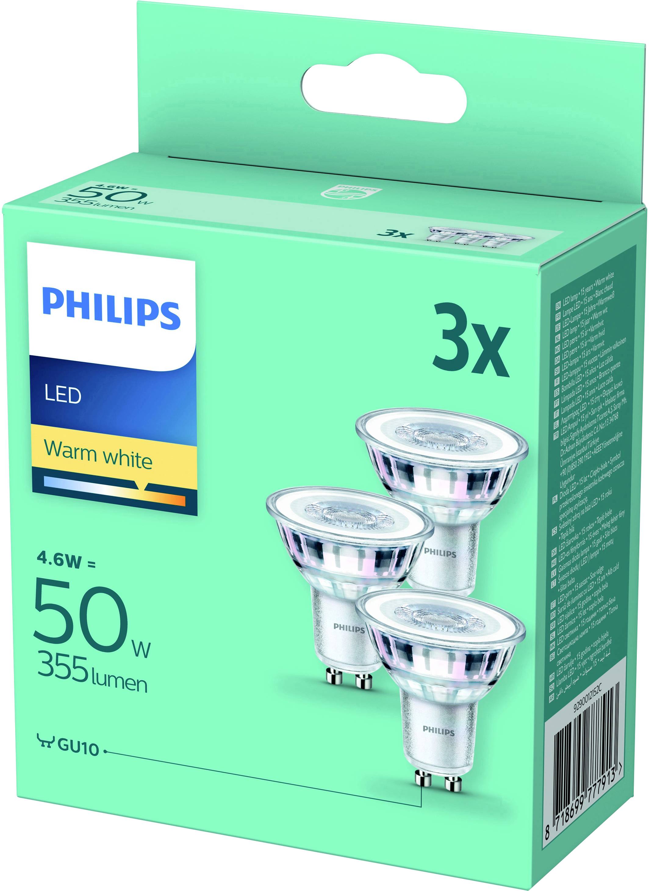 'Paket tri Philips LED žarulje, toplo bijele, 4,6W odgovara 50W, 355 lumena. GU10 podnožje. Energetski učinkovite, dugog vijeka trajanja.'