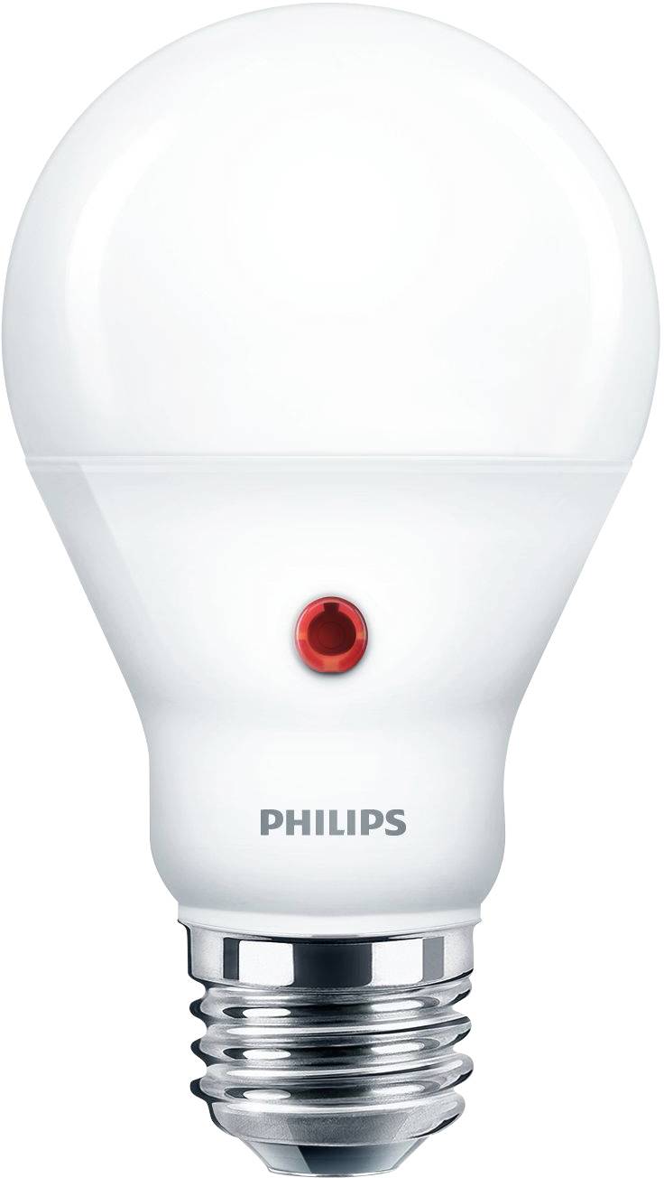 Bijela LED žarulja s crvenom točkom i metalnim podnožjem, natpisom 'Philips'.