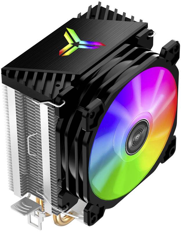 Hladnjak CPU-a s velikim, šarenim RGB ventilatorom i stiliziranim X logotipom na rashladnom tijelu.