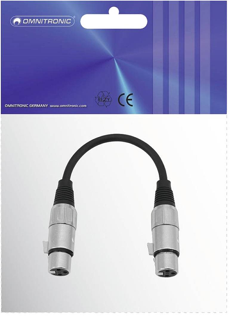Kratki adapter za audio kabel s dva XLR priključka na plavo-bijeloj pozadini, pogodan za glazbene ili audio povezivosti.