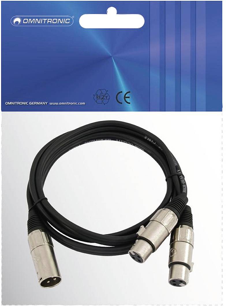 OMNITRONIC XLR kabel u crnoj boji, prikazan na pakiranju s plavom pozadinom i CE oznakom.