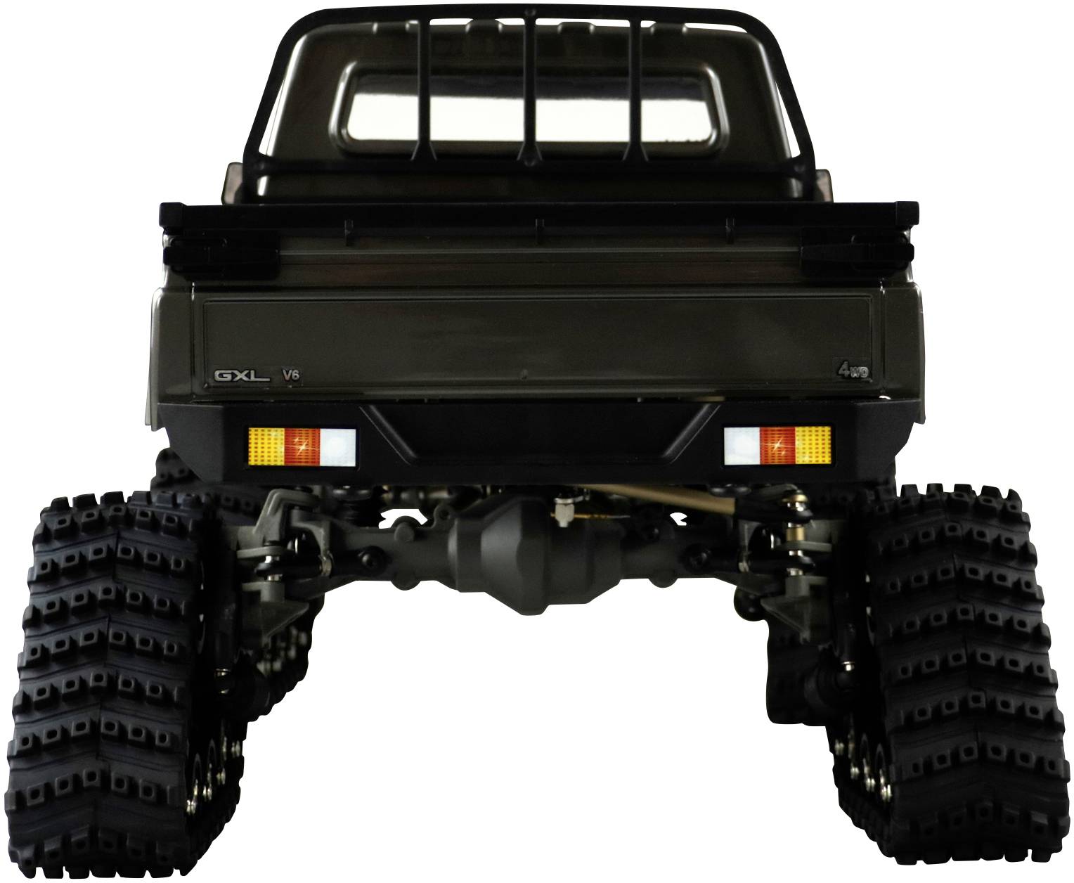 Model vozila na lancima s GXL V8 logom, pogledan straga. Vozilo ima čvrstu konstrukciju s prozorima i stražnjim svjetlima.