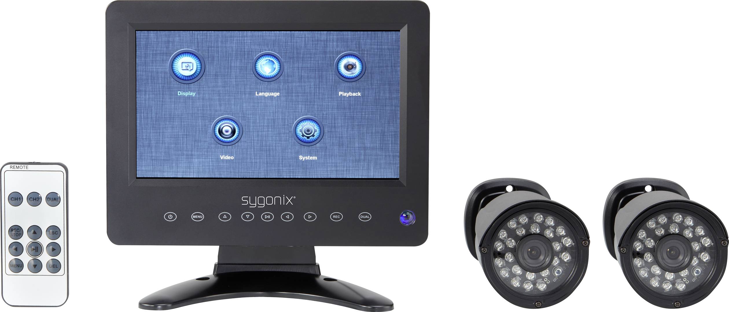 Slika prikazuje sustav nadzora s monitorom, dvije kamere i daljinskim upravljačem. Monitor ima simbole za funkcije izbornika.