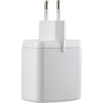 Bijeli USB punjač s dva okrugla utikača u europskom stilu.