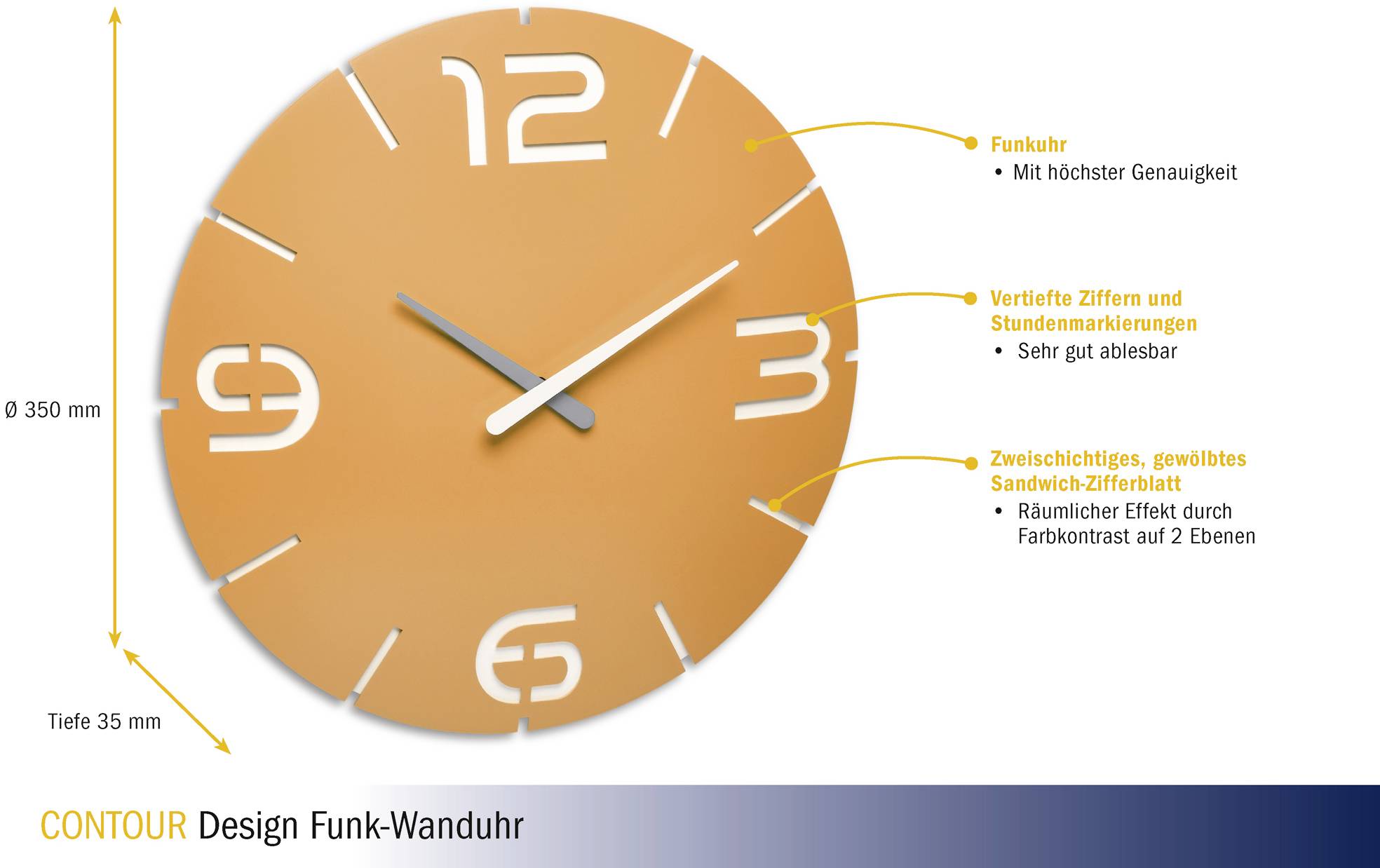 Sat dizajnerske tvrtke Contour za zid promjera 35 cm. Narančasto brojčanik s bijelim ugravirenim brojevima, prikazuje funkciju radio kontroliranog sata.